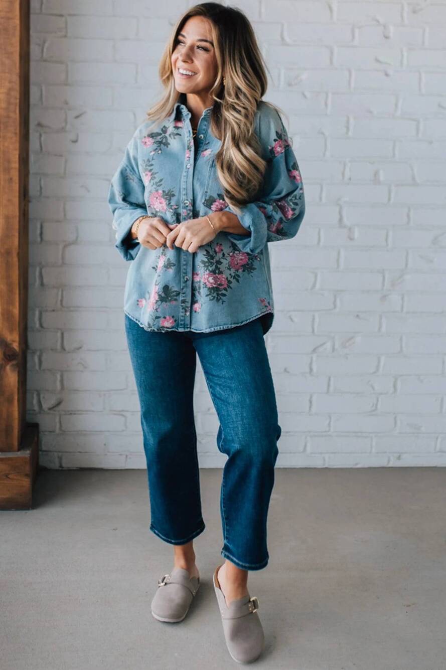 NEW LALAVON women's floral print top in denim